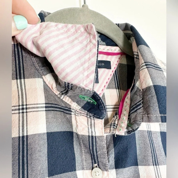 Tommy Hilfiger Plaid Button Front Shirt Size Small Pink Blue Contrasting Cuffs - Picture 8 of 9
